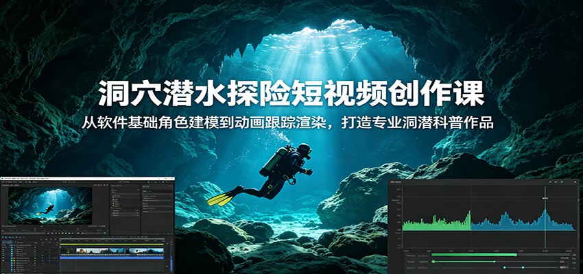 洞穴潜水探险短视频创作课：从软件基础角色建模到动画跟踪渲染，打造专业洞潜科普作品-百货大全