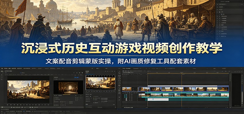 沉浸式历史互动游戏视频创作教学：文案配音剪辑蒙版实操，附AI画质修复工具配套素材-百货大全