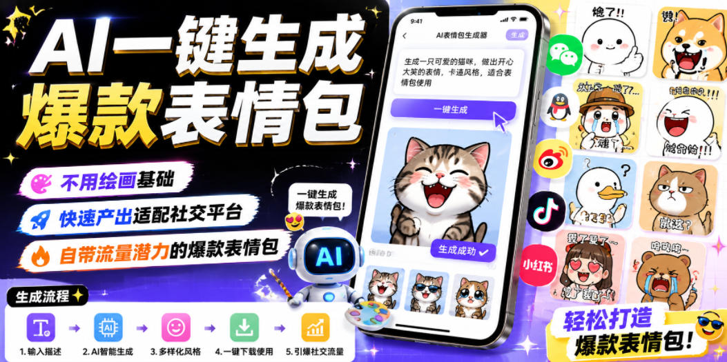 AI一键生成爆款表情包，不用绘画基础，快速产出适配社交平台，自带流量潜力的爆款表情包-百货大全