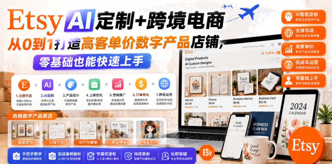 Etsy AI定制+跨境电商，从0到1打造高客单价数字产品店铺，零基础也能快速上手-百货大全