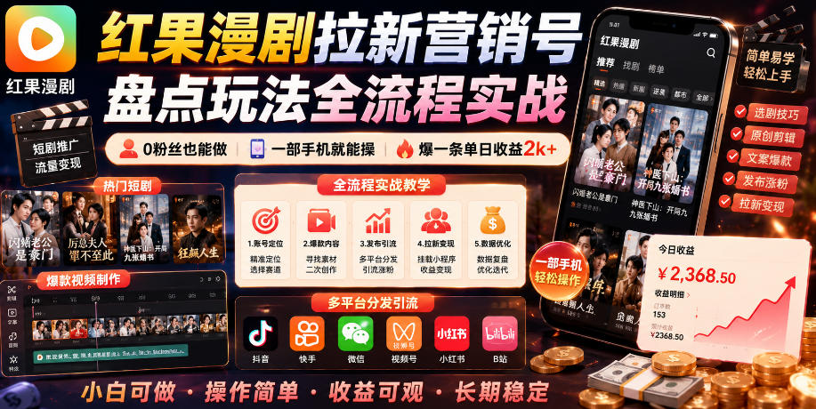 红果漫剧拉新营销号盘点玩法全流程实战，0粉丝也能做，一部手机就能做，爆一条单日收益2k+-百货大全