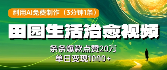 利用AI免费制作田园生活治愈视频，条条爆款点赞20W，单日变现几张-百货大全