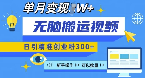 无脑搬运视频号可批量复制，新手即可操作，日引精准创业粉300+，月变现过W 【揭秘】-百货大全