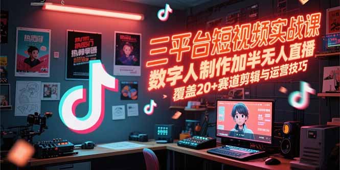 三平台短视频实战课,数字人制作加半无人直播,覆盖20+赛道剪辑与运营技巧-百货大全